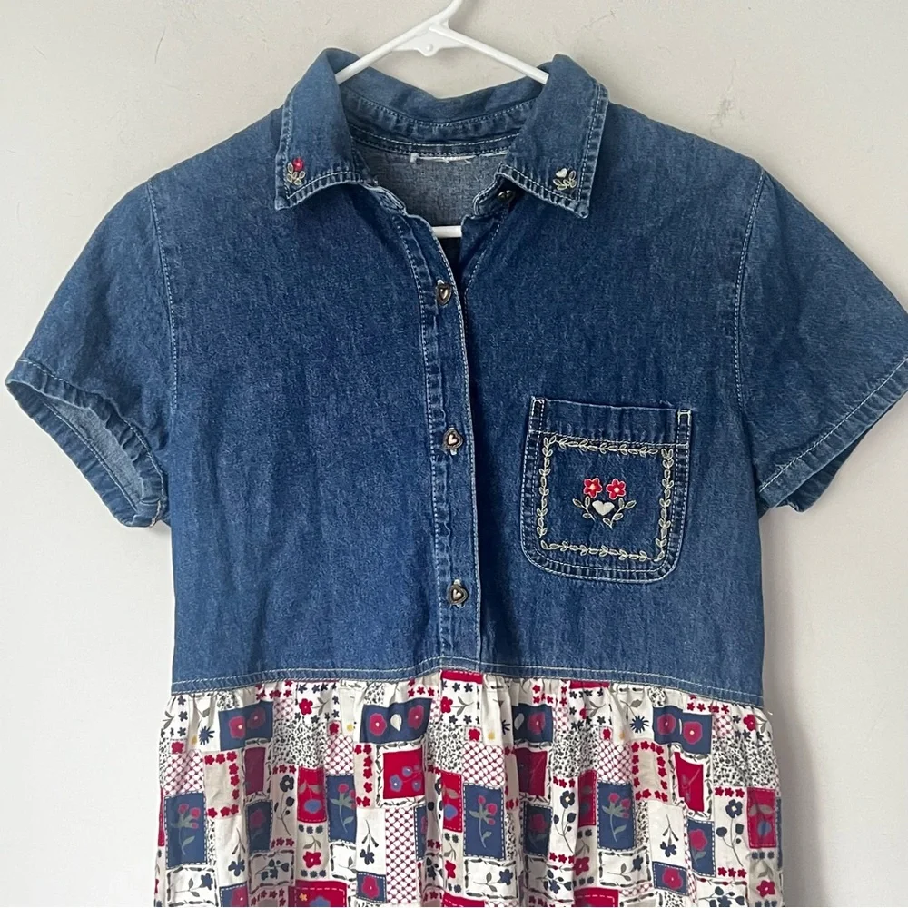 Vintage 90s Denim Patchwork Midi Dress | Cottagecore Western Prairie Style 🔲 - Picture 2 of 6